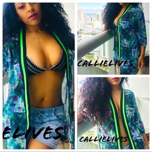 S/M NWT BoHo Chic Kimono Tropical 🏝Floral 🌺 Mesh Neon Trim Duster